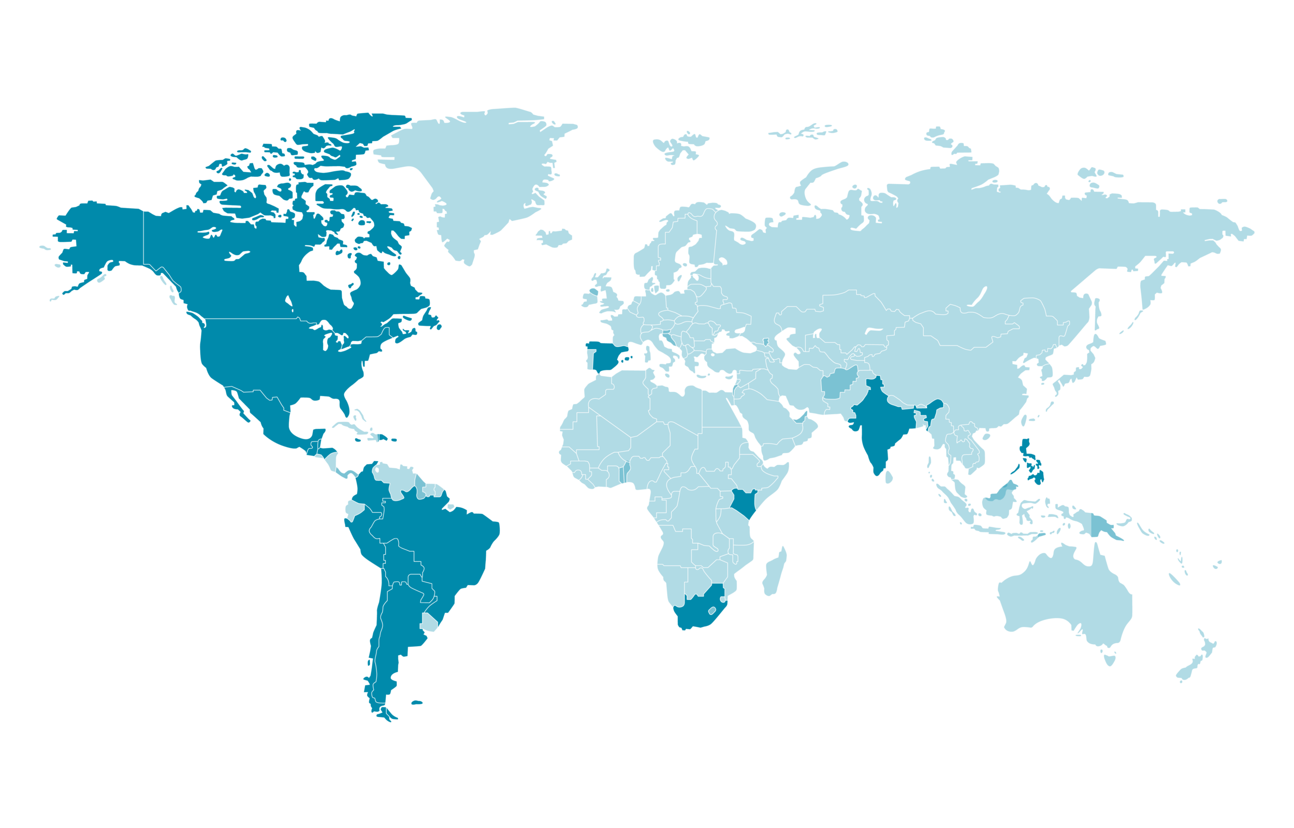 Map of OneSource global delivery locations across Latin America, Caribbean, EMEA and Asia-Pacific